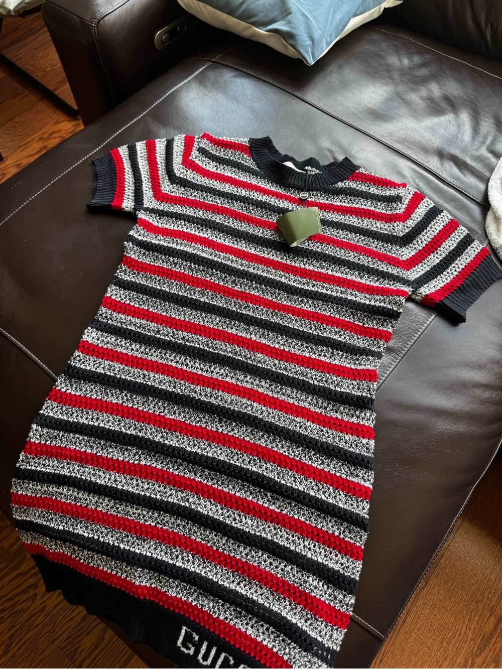 Striped Knit Short-Sleeve Dress in Red, Black & White